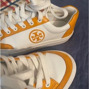 Tory Burch Orange White Leather Sneakers 7.5US ~ perfect for UT Football!!!